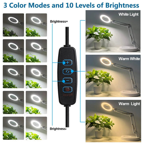 10X Magnifying Light With LED Desk Lamp Clamp showing 3 color modes and adjustable brightness settings.