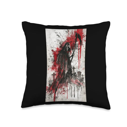 Dark Gothic Death Art Throw Pillow With Scythe Design, Double Sided Print, Handcrafted Polyester Filled Cushion For Sofa And Bed