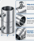 10 Pack 3/4 Inch Emt Couplings Set Screw Connectors Rock Solid Galvanized Steel Electrical Conduit Fittings showcasing set screw design and dimensions.