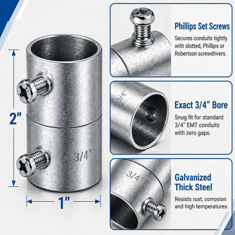 10 Pack 3/4 Inch Emt Couplings Set Screw Connectors Rock Solid Galvanized Steel Electrical Conduit Fittings showcasing set screw design and dimensions.