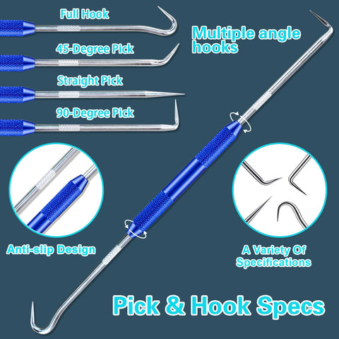 Front view of blue-handled hook and pick set with angled stainless steel tips, including 45°, straight, and 90° picks.