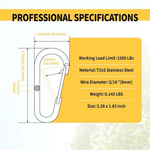 RiaYer 2-pack 5/16 in marine-grade 316 stainless steel carabiners; WLL 1500 lbs, 8 mm wire dia, front view