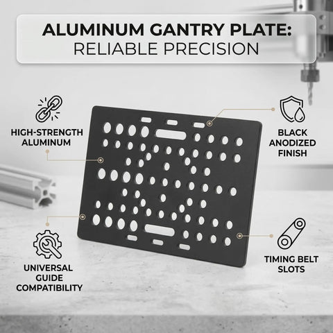 Gantry Plate Aluminum High Strength Black Anodized For 3D Printer And Milling Machines on a counter showcasing features.