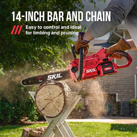 No Fuss 40v Cordless Chainsaw With Brushless Motor And Auto Lubrication Features Tool Free Adjustment Comes Loaded Up With Rapid Charge Battery For Swift Garden Chopping And Slick Limb Cutting cutting through a log with sparks flying.