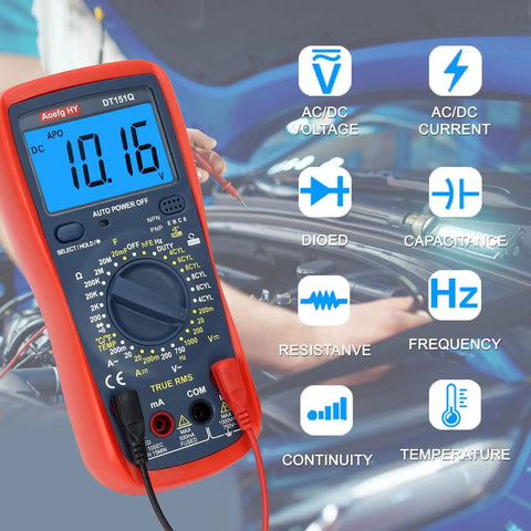 Heavy Duty Automotive Multimeter Featuring True Rms Accuracy And Cat Iii 600V Safety For Ac Dc Voltage Current Testing Temp Freq Ohms Duty Cycle Dwell Angle Capacitance Hvac Industrial Engine RPM Measurement Grease Monkey Certified digital display with test probes attached