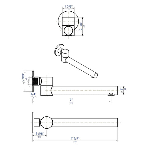 Diagram of Tub Spout With Dope Swivel Design And Brushed Nickel Finish Solid Brass Construction Single Hole Wall Mount