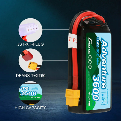 3S LiPo Battery 11.4V 60C 3600mAh Beefy RC Power Pack With XT60 Adapter And T Plug for RC hobby vehicles - high-capacity label visible.