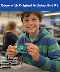 Boy holding Arduino Uno R3 board at desk in classroom setting, illustrating Beginner Friendly Arduino Uno R3 Lab Starter Kit use.