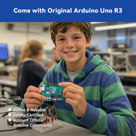 Boy holding Arduino Uno R3 board at desk in classroom setting, illustrating Beginner Friendly Arduino Uno R3 Lab Starter Kit use.