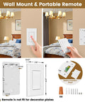 Installation and components of 3 Way Wireless Light Switch Kit With Receiver, No Wiring Between Switch And Light, showing remote and wall mount.