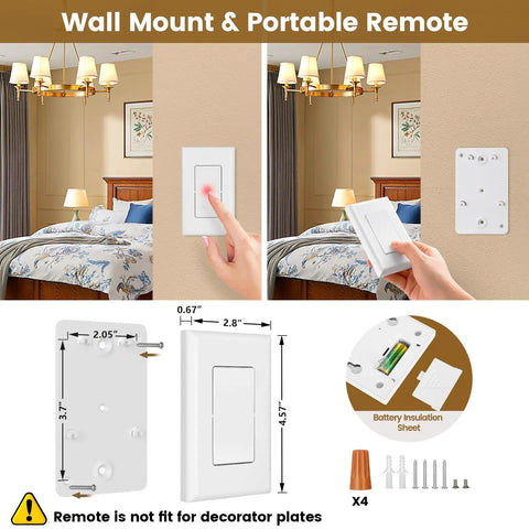 Installation and components of 3 Way Wireless Light Switch Kit With Receiver, No Wiring Between Switch And Light, showing remote and wall mount.