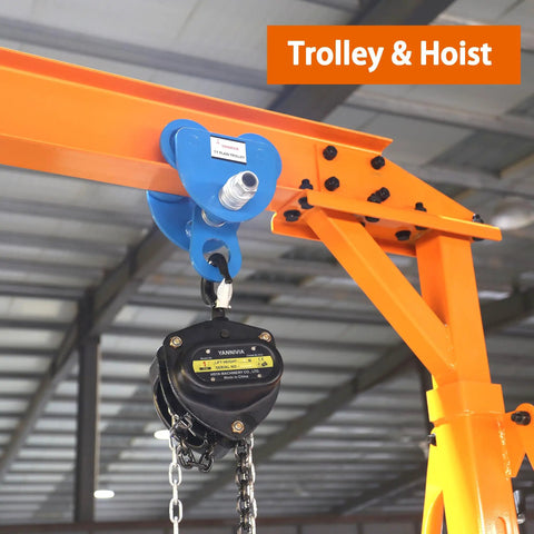 Adjustable Gantry Crane With Trolley And Hoist Heavy Duty 2000 Lbs Capacity Height Range 7.65 To 10.91 Ft 8.5 Ft Wide Shop Garage Crane With Rigging Kit Portable Steel Gantry For Home Workshop And DIY Projects showing blue trolley and hoist mechanism.