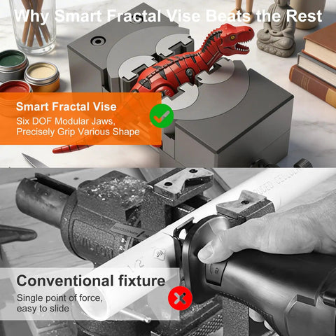 Heavy Duty Mini Bench Vise With Self Adjusting Fractal Jaw holding a toy dinosaur, showcasing versatility for irregular shapes.