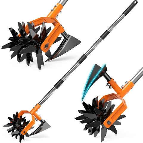 2 In 1 Garden Cultivator And Weeder With Upgraded Triangle Hoe And Adjustable Long Handle showcasing blade wheels and hoe