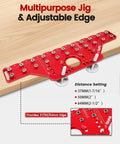 Rugged Two In One Shelf Pin And 35mm Hinge Jig Kit With Premium Drill Bits for cabinet setup showcasing adjustable edges and distance settings.