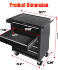 5-Drawer Rolling Tool Chest With Lockable Cabinet And Wheels, dimensions showing in inches, open drawer view, black finish