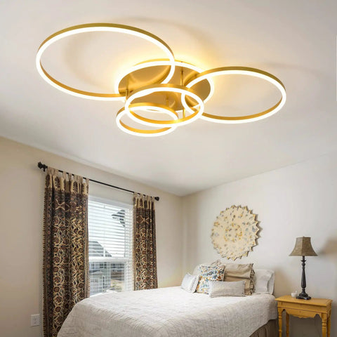 90W Dimmable LED Ceiling Light With Remote Control, 5 Ring Flush Mount Gold Acrylic Chandelier in bedroom, 9,000 Lumens