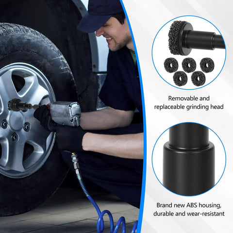 Mechanic using Wheel Hub Cleaning Tool and Resurfacing Kit with six durable brush heads for lug studs, rotors, and alloy wheels.