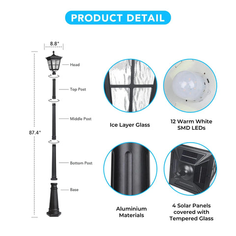 Solar Post Light Dusk To Dawn Outdoor Lamp with Pole for Yard Garden Patio Deck Walkway Driveway, product details.