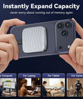 Magnetic External SSD With USB 3.2 Gen 2x2 attached to smartphone, showcasing storage expansion for various devices.