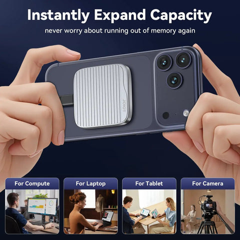 Magnetic External SSD With USB 3.2 Gen 2x2 attached to smartphone, showcasing storage expansion for various devices.