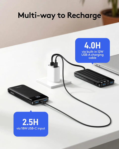 Rugged Portable Power Bank Delivering 22.5W Fast Charging Through Four Built In Cables For Plug And Play Convenience Ideal For Weekend Warriors Seeking A Reliable Quick Charge Fix On The Road Always connected to a charger.