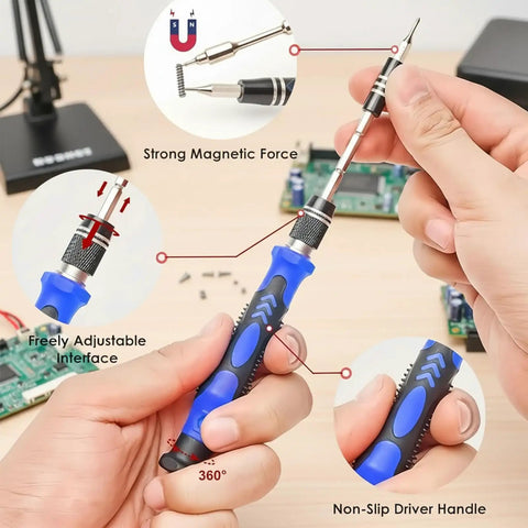Hands using 115 In 1 Precision Screwdriver Set With Magnetic Bits And Non Slip Handle Pro Quality Repair Kit for electronics