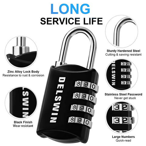 4 Digit Combination Padlock For Locker And Luggage Set Of 4 Heavy Duty Mini Lock showing features like zinc alloy body and large numbers.