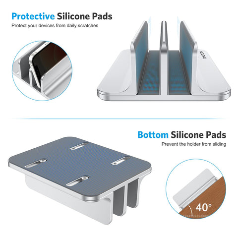 Dual Dock Vertical Laptop Stand With Aluminum Desktop Frame, Adjustable Width, protective and bottom silicone pads