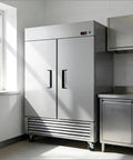 Heavy Duty Commercial 49 Cubic Foot 54 Inch Reach In Upright Freezer With Double Self Closing Doors Stainless Steel Build.