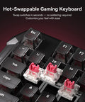 Detailed view of Flux87 He Mechanical Gaming Keyboard with hot-swappable red switches for easy customization.