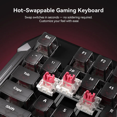 Detailed view of Flux87 He Mechanical Gaming Keyboard with hot-swappable red switches for easy customization.