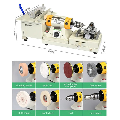 850W Mini Bench Grinder And Jade Polishing Machine For DIY Woodworking Jewelry Rock And Metal Crafting Station with grinding wheels and drill.