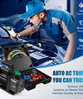 PB Motor Tech 4.5 CFM vacuum pump with 3-way AC manifold gauge set in a black carrying case and colored hoses.
