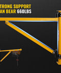 Massive 660 Lbs Wall Mount Jib Crane Hoist Bracket with yellow steel arm shows 660 lbs support capacity for heavy duty use.