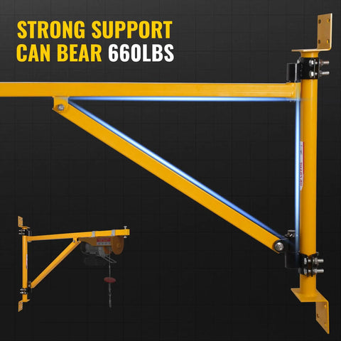 Massive 660 Lbs Wall Mount Jib Crane Hoist Bracket with yellow steel arm shows 660 lbs support capacity for heavy duty use.
