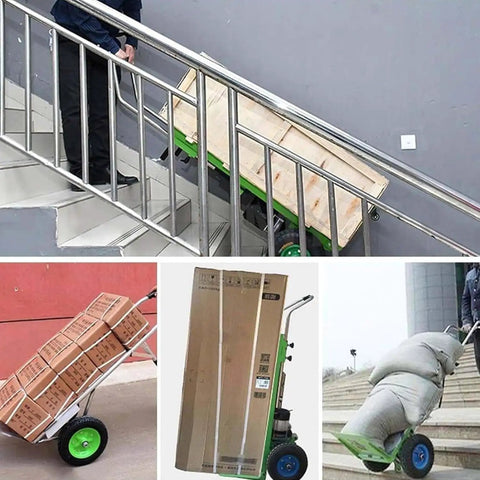 Heavy Duty Electric Sack Truck Stair Climber With 400kg Load Capacity, Folding Hand Trolley For Tight Spaces, Brushless Motor, And Long Lasting 48V Battery in use on stairs with boxes.
