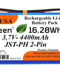 One Pack 3.7V 4400mAh Li Ion Battery Pack With JST PH 2 Pin Connector For Electronics LED Lights Toys GPS And Meshtastic Solar Nodes Built In Safety BMS For Overcharge Over Discharge Protection Please Check Polarity Before Purchase, product label visible.
