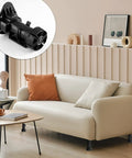 Sofa elevated with 12 Pack Black Cabinet Leveler Legs For Furniture Adjustable Feet For Sofa Couch Chair And Cabinets Elevates From Approximately 3.8 Inches To 5 Inches Easy Replacement shown in inset.