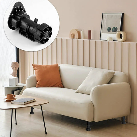Sofa elevated with 12 Pack Black Cabinet Leveler Legs For Furniture Adjustable Feet For Sofa Couch Chair And Cabinets Elevates From Approximately 3.8 Inches To 5 Inches Easy Replacement shown in inset.