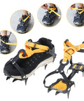 Grippy Anti Slip Ice Crampons With 10 Teeth Stainless Steel Snow Grips being strapped to a shoe for traction.