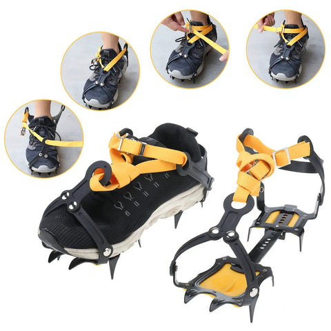 Grippy Anti Slip Ice Crampons With 10 Teeth Stainless Steel Snow Grips being strapped to a shoe for traction.