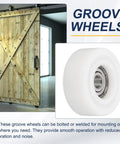 Pro Grade White Roller Idler Bearing Pulleys For Smooth Rolling Sliding Doors Heavy Duty Plastic Shells With Sealed Steel Bearings 4 Pack visible on a wooden sliding door.