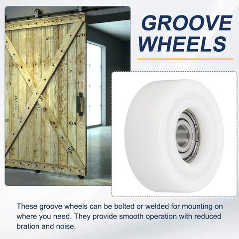 Pro Grade White Roller Idler Bearing Pulleys For Smooth Rolling Sliding Doors Heavy Duty Plastic Shells With Sealed Steel Bearings 4 Pack visible on a wooden sliding door.