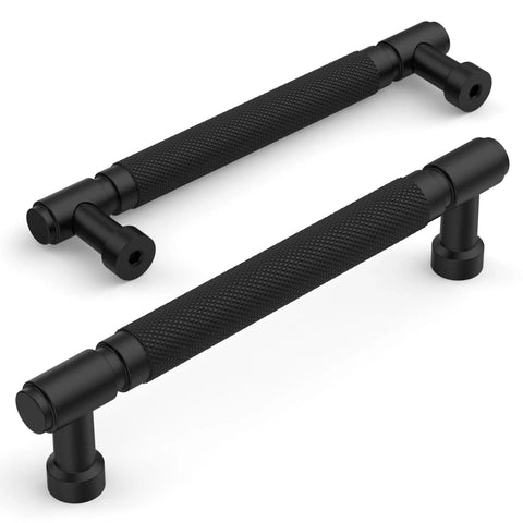 Heavy Duty Matte Black Knurled Cabinet Pulls, Five Inch Center To Center, Ten Pack modern drawer handles on display.