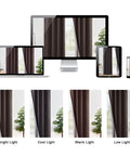 70 Inch Wide By 84 Inch Long Blackout Curtain Panels With Tiebacks, 100 Percent Darkening And Thermal Insulation, brown curtains installed on a window, shown across different devices and lighting conditions.
