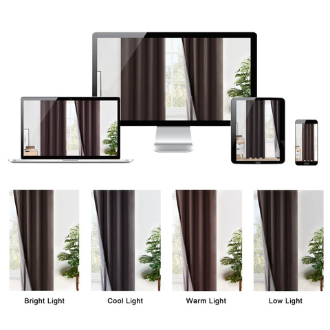 70 Inch Wide By 84 Inch Long Blackout Curtain Panels With Tiebacks, 100 Percent Darkening And Thermal Insulation, brown curtains installed on a window, shown across different devices and lighting conditions.