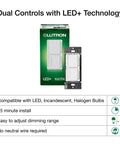 Maestro LED Plus 2 In 1 Dimmer And Timer Switch For Lights Or Fans, Space Saving Stack Design With Top Light Dimmer And Bottom Countdown Timer, White Finish packaging and switch.