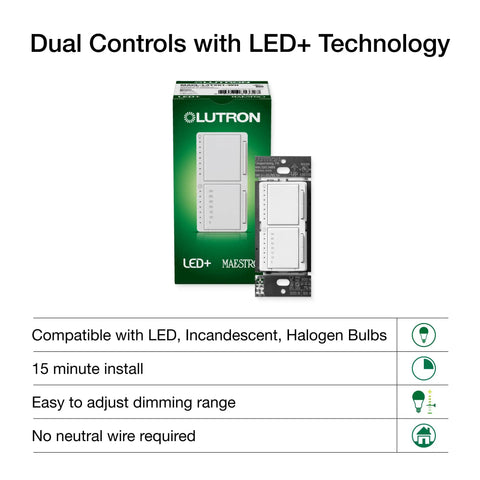 Maestro LED Plus 2 In 1 Dimmer And Timer Switch For Lights Or Fans, Space Saving Stack Design With Top Light Dimmer And Bottom Countdown Timer, White Finish packaging and switch.