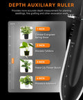 Depth auxiliary ruler with plant markers demonstrating Heavy Duty Metal Detecting Shovel With Serrated Blade For Treasure Hunting 12 Inch Manganese Steel Digging Tool With Depth Gauge And Sheath Built Tough For Beach Park And Field Adventures.